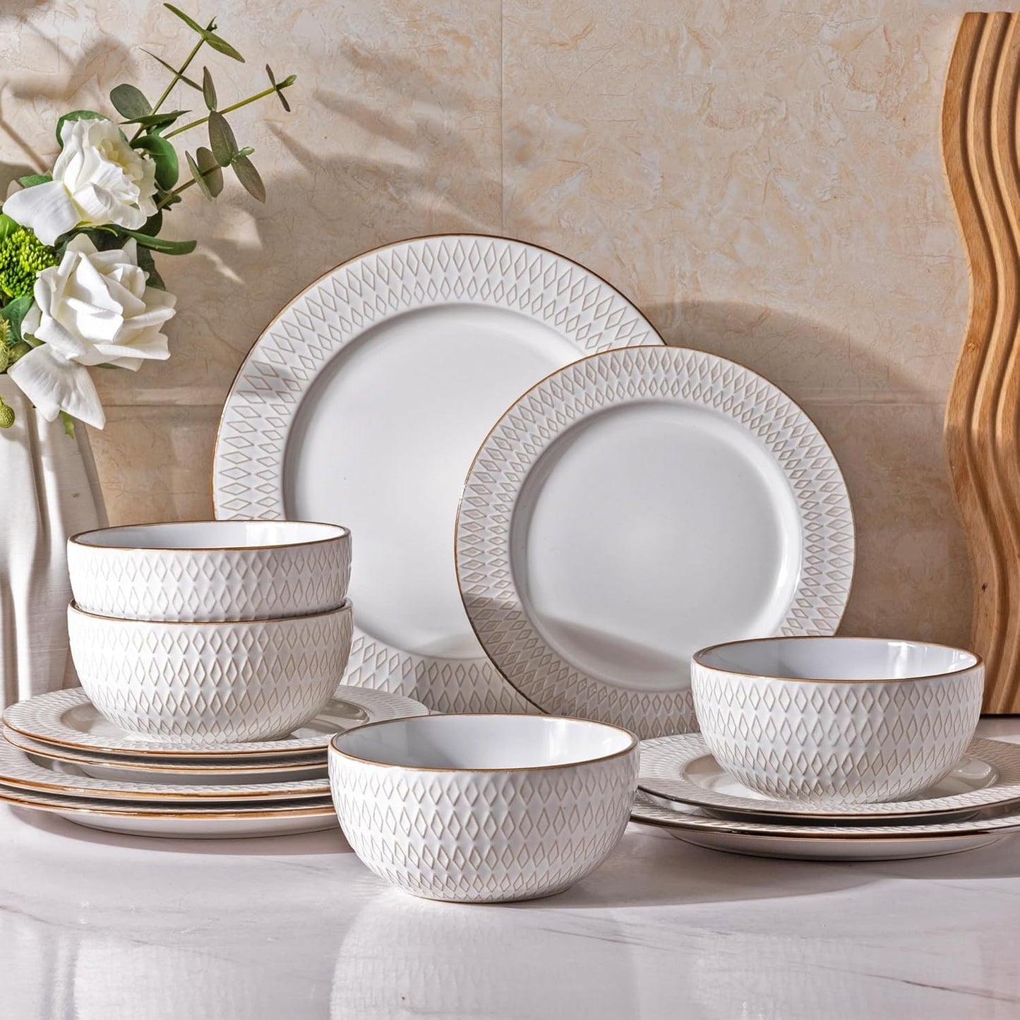 Ceramic Dinnerware Sets,12 pcs Embossed Elegant Stoneware Plates and Bowls Sets, Housewarming Wedding Gift | Dishwasher & Microw