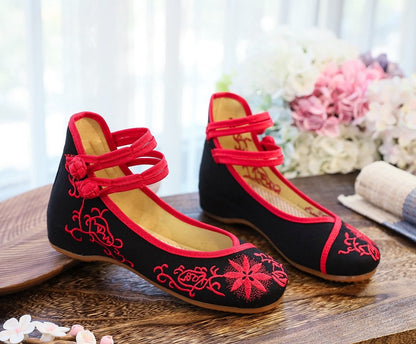 Veowalk Sunflower Embroidered Women Canvas Ballet Flats Ankle Strap Ladies Casual Cotton Chinese Embroidery Ballerina Shoes