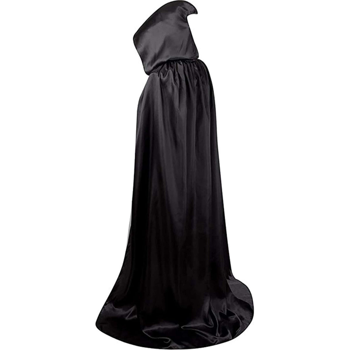 1 Piece of Halloween Cape with 3 Sizes Available. It is a black Grim Reaper cloak made of satin, featuring a stand-up collar