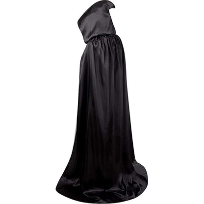 1 Piece of Halloween Cape with 3 Sizes Available. It is a black Grim Reaper cloak made of satin, featuring a stand-up collar
