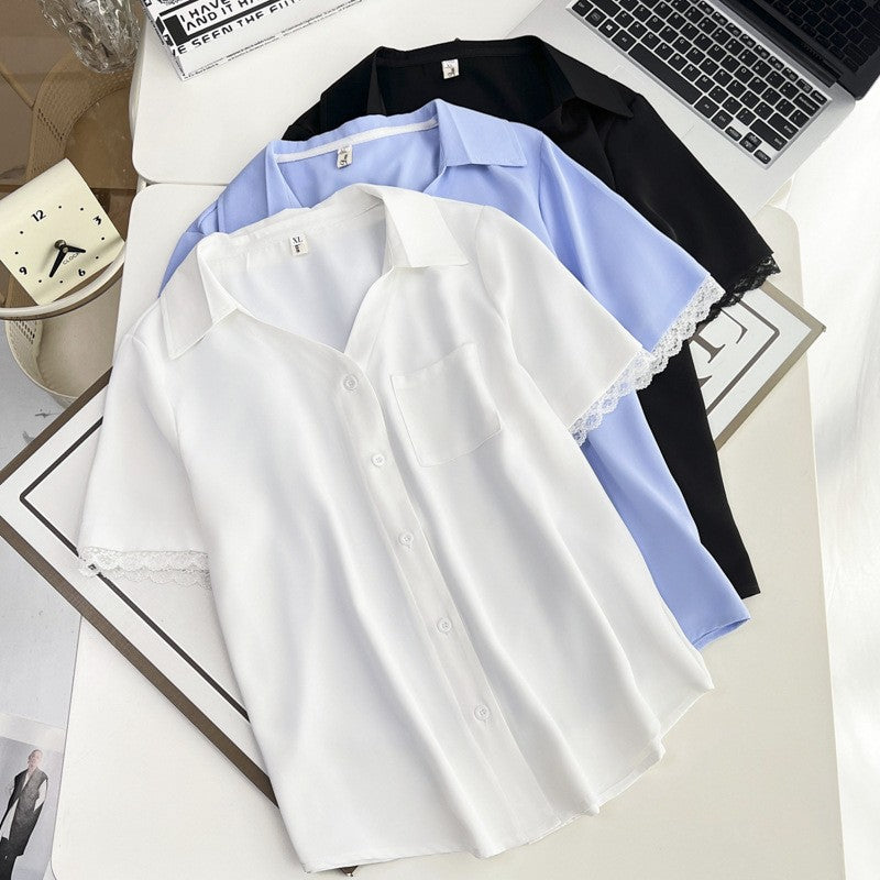 Plus Size Women's Summer New Style Lace Sleeve V-Neck Short Sleeve Shirt Fresh And Elegant Fashionable Blouse Polyester Fabric
