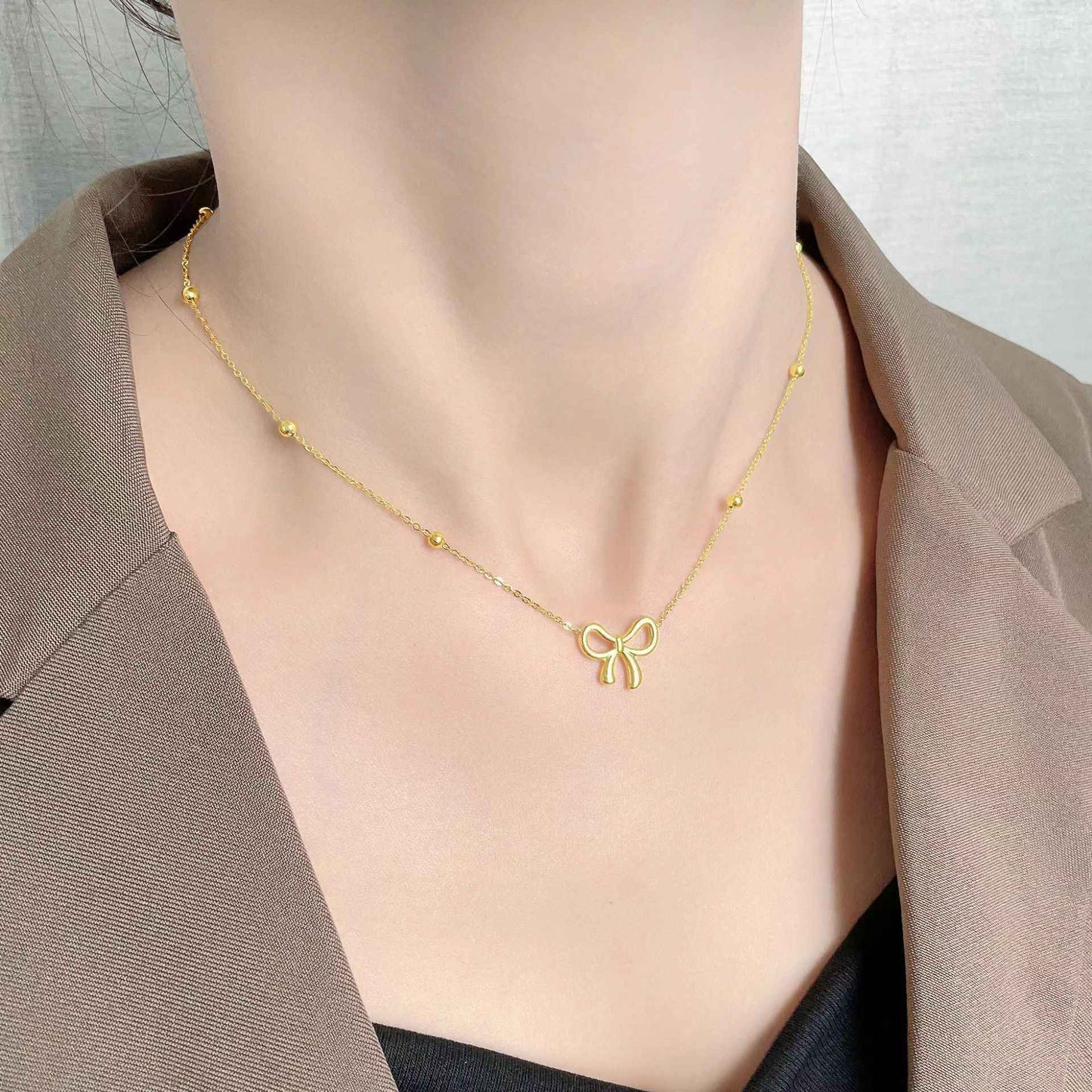 Conjunto de Joias Clássico de Aço Inoxidável com Laço, Colar, Pulseiras e Brincos para Mulheres e Meninas, Novo, Moderno, Gargantilha, Presente de Festa