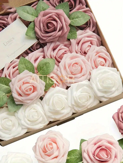 25pcs Artificial Roses, Green Gradient Artificial Rose Set - DIY Wedding Bouquet, Suitable For Wedding, Cake, Party Decoration