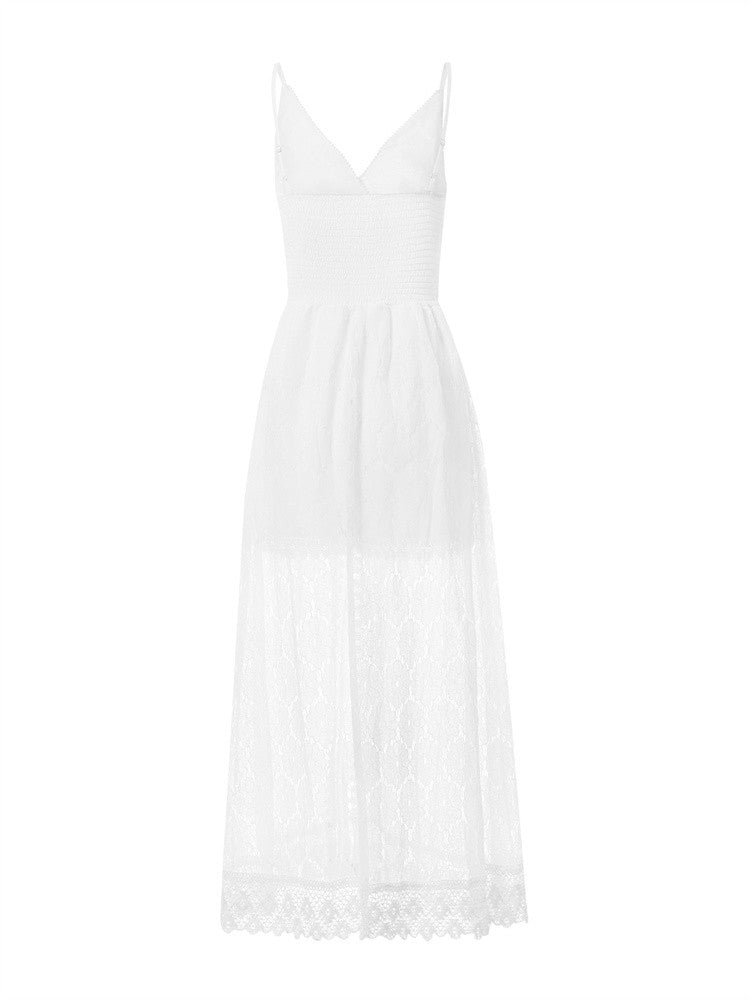 2025 Summer Women Lace Playsuit Dress Sleeveless V Neck Hollow Out Irregular Mid