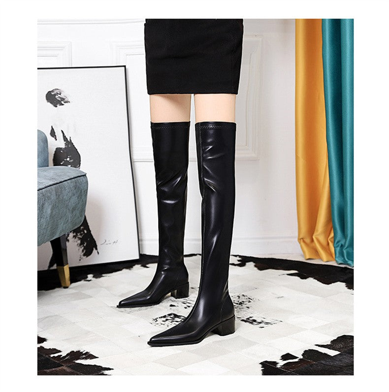 2024 New Autumn Women's Pointed Toe Boots Over-the-Knee Sewing Slip On PU Leather Square Heel Street Style Shoes Black