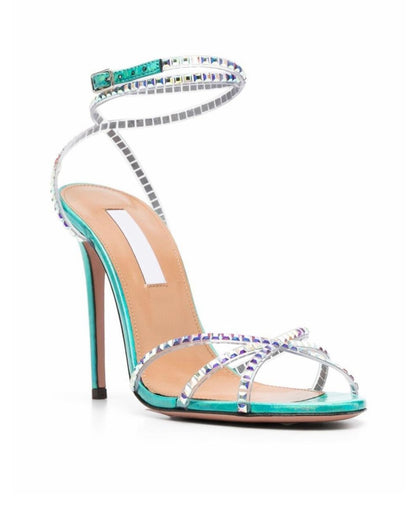 Luxury Shinny Crystal Diamond Stiletto High Heel Sandals Female Blue Buckle Ankle Strap Sandal Shoes Party Belt 2025 New Summer