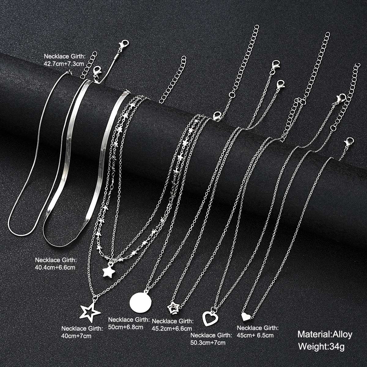 9 Peças Colares Simples Tipo Choker para Mulheres Moda Coração Amor Estrela Pingente Colar Camadas Joias Presente Europeu e Americano 2024