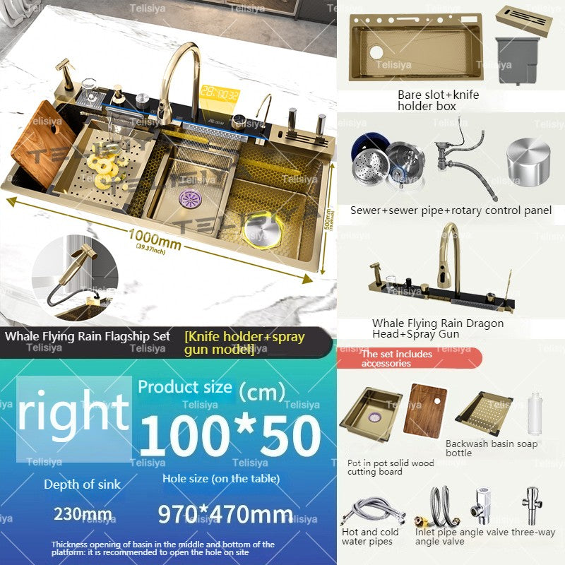 Stainless Steel Golden Kitchen Sink Multifunctional Waterfall Outlet Single Slot Piano Button Digital Display