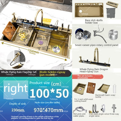 Stainless Steel Golden Kitchen Sink Multifunctional Waterfall Outlet Single Slot Piano Button Digital Display