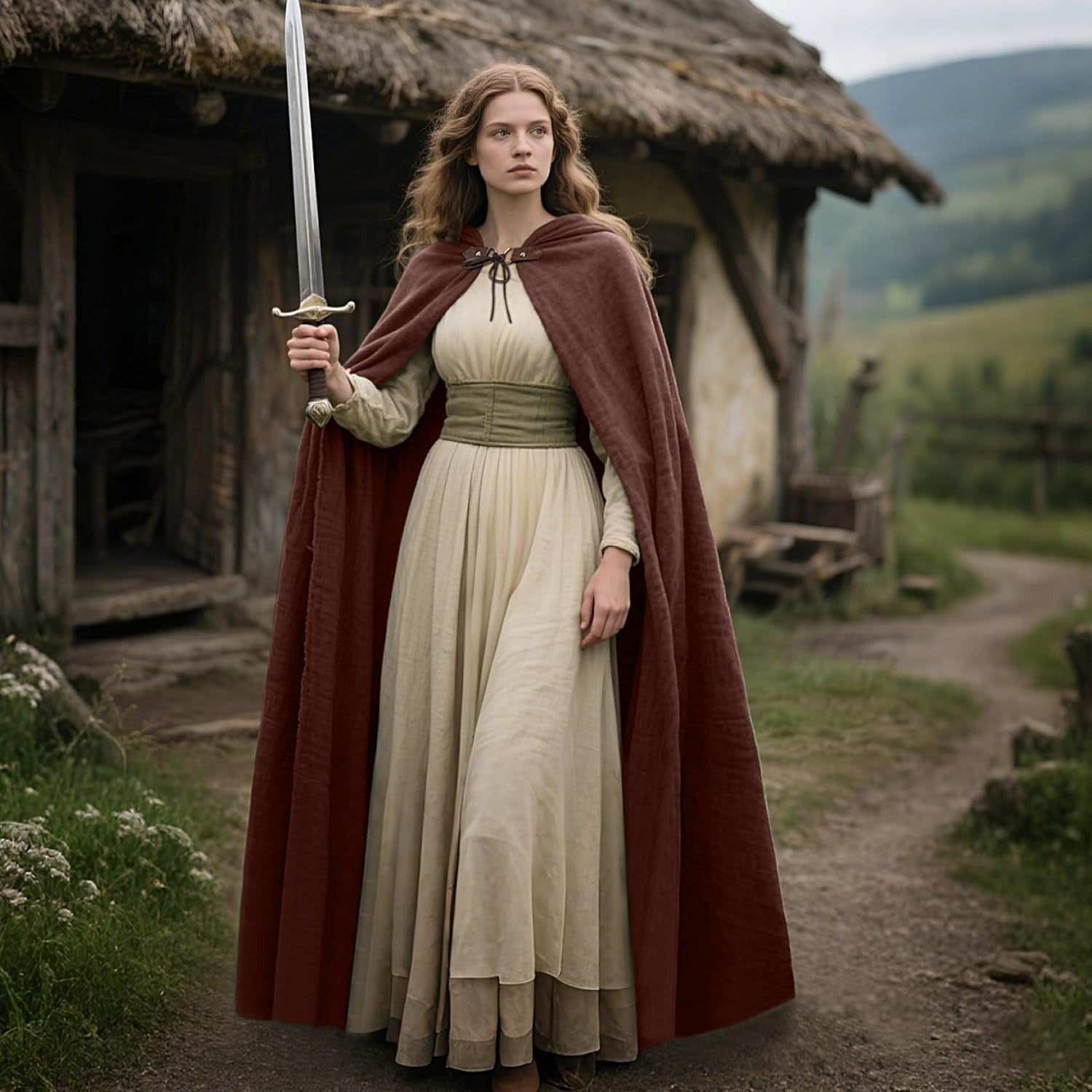 Joukavor Renaissance Hooded Cape Medieval Linen Cloak with Hood for Women Men