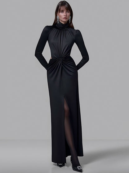 Mozision Turtleneck Backless Sexy Maxi Dress Women Gown Autumn Winter Elegant Long Sleeve Thigh High Split Club Party Long Dress