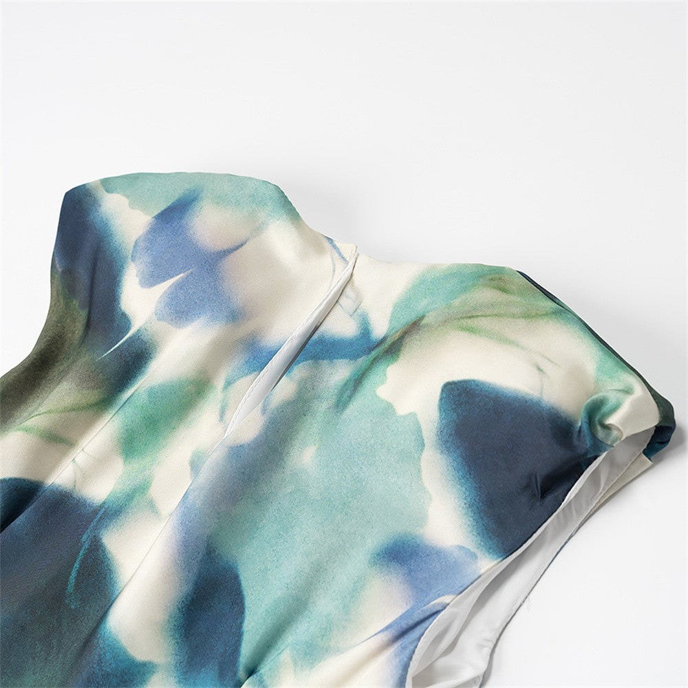2025 Spring/Summer New Women's Fashion Style Retro Silk Texture Printed Slim Fit