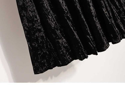 Plus Size Plus Size Women's Velvet Pleated A- Line Midi Skirt Autumn Winter Slimming Half-length Versatile Fashionable Commut...
