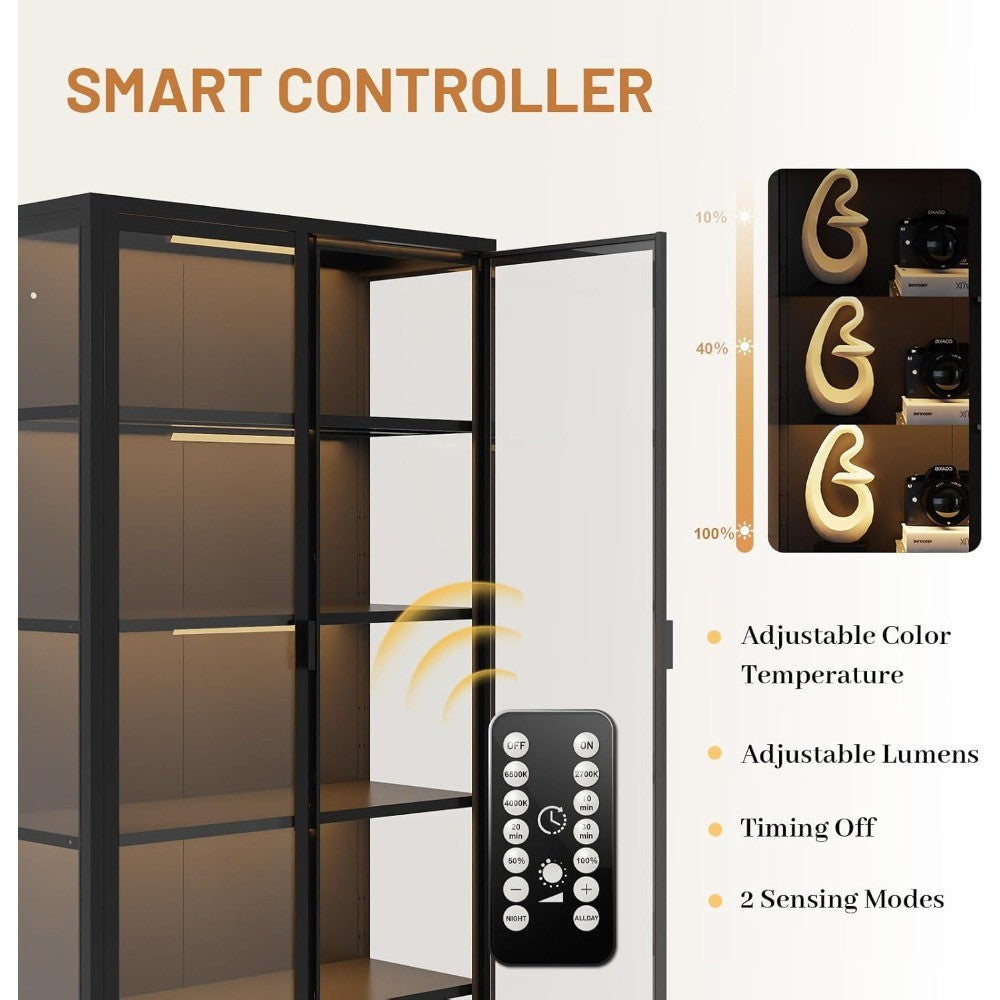 Glass Door Display Cabinet with 71 H, 5 Shelves, LED Sensor Lighting for Curio Showcases