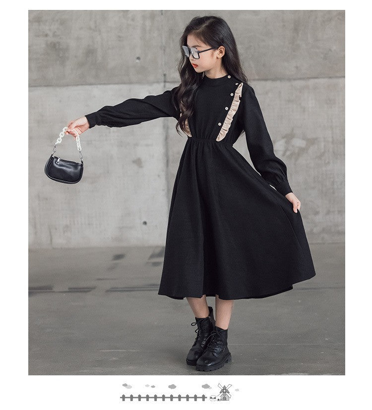 Girls' Dress New Style For  Children Stand Collar Waist-Cinching Slimming Mid-Length Dress Long Sleeve For Kids 5-12Y