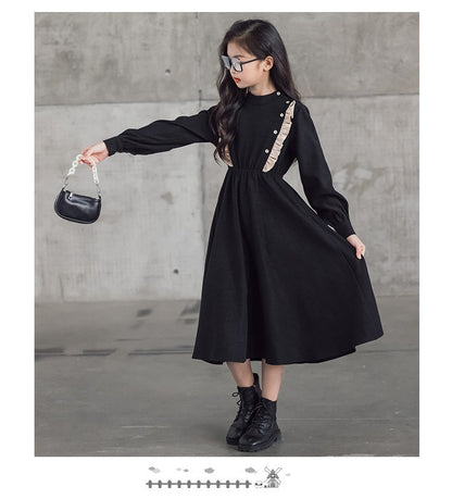 Girls' Dress New Style For  Children Stand Collar Waist-Cinching Slimming Mid-Length Dress Long Sleeve For Kids 5-12Y