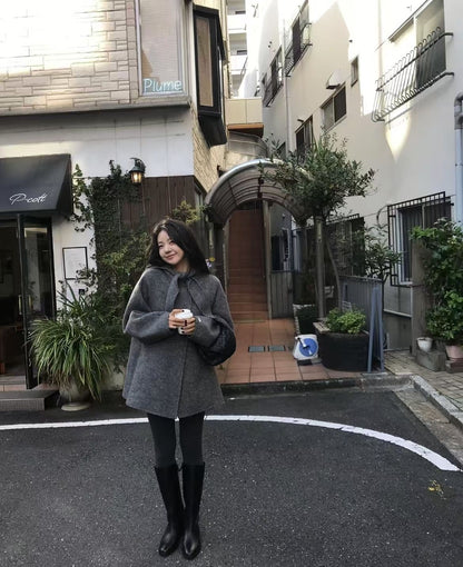 Korean Sle Woolen Coat Women's Chic Temperament Sweet Bow Tie Collar Hooded Warm Woolen Coat Long Sve Mid-Length