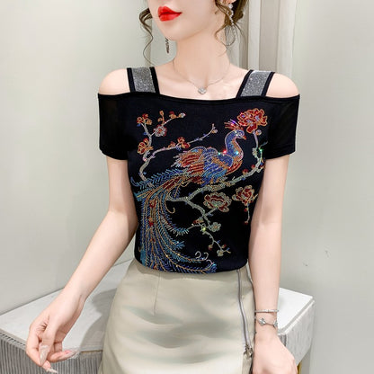 Summer New Fashion Cartoon T-shirt Chic Hollow Out Hot Diamonds Tees Sexy Off Shoulder Short Sleeve Women's Tops Blouse