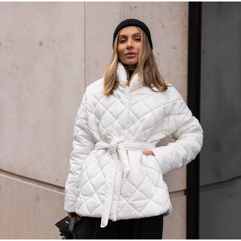 Solid Lapel Lace Up Cotton Coat Women Fashion Long Sleeve Warm Loose Pocket Short Coats Lady New Winter Commute Street Outwears