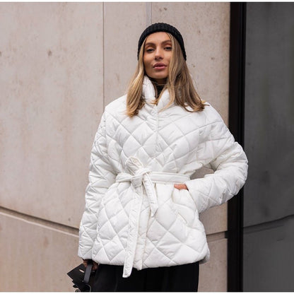 Solid Lapel Lace Up Cotton Coat Women Fashion Long Sleeve Warm Loose Pocket Short Coats Lady New Winter Commute Street Outwears