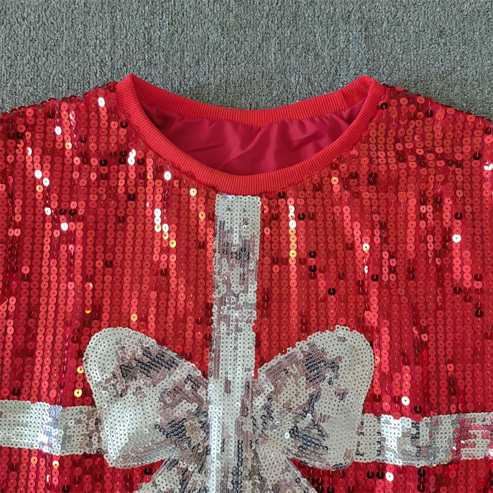 CHIC European American Festival Xmas Tree Bow Women Sequined T-shirt Short Top Casual Jersey Girls Short Sleeves Tee Christmas