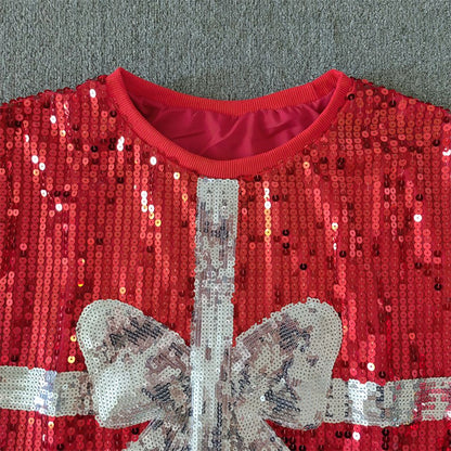 CHIC European American Festival Xmas Tree Bow Women Sequined T-shirt Short Top Casual Jersey Girls Short Sleeves Tee Christmas