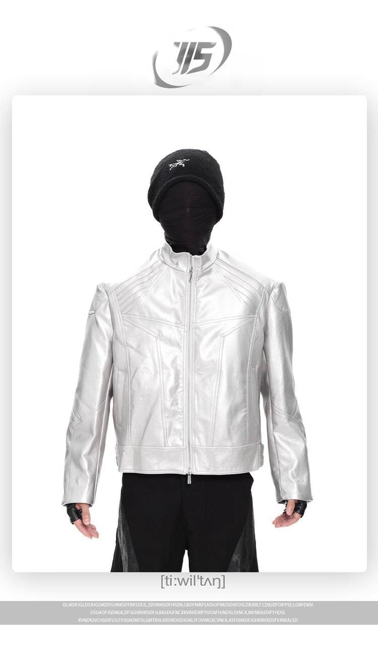 FEWQ Niche Design Men's PU Leather Coats Stand Collar Solid Color Zipper Metal Design Shoulder Pads Male Short Jacket 24K5931