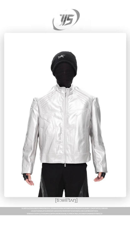 FEWQ Niche Design Men's PU Leather Coats Stand Collar Solid Color Zipper Metal Design Shoulder Pads Male Short Jacket 24K5931