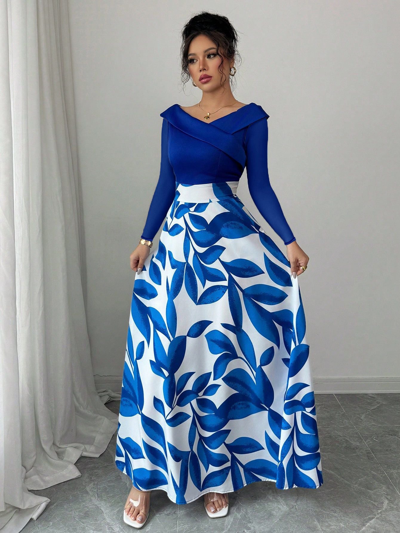 Women's Blue White Floral Maxi Dress Asymmetric Neckline Color Block Design Ideal for Evening Events Garden Parties Elegant Styl