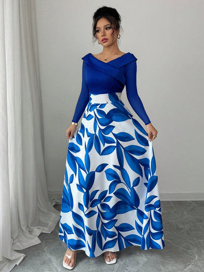 Women's Blue White Floral Maxi Dress Asymmetric Neckline Color Block Design Ideal for Evening Events Garden Parties Elegant Styl