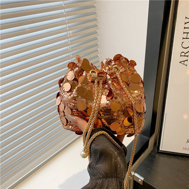 Sequin Chain Women's Portable Bucket Shoulder Bags Retro Ladies Dinner Party Clutch Purse Luxury Design Female Crossbody Bag