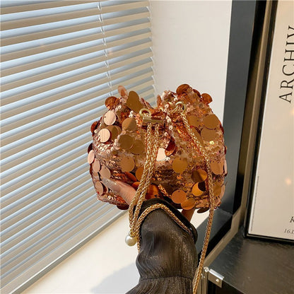 Sequin Chain Women's Portable Bucket Shoulder Bags Retro Ladies Dinner Party Clutch Purse Luxury Design Female Crossbody Bag