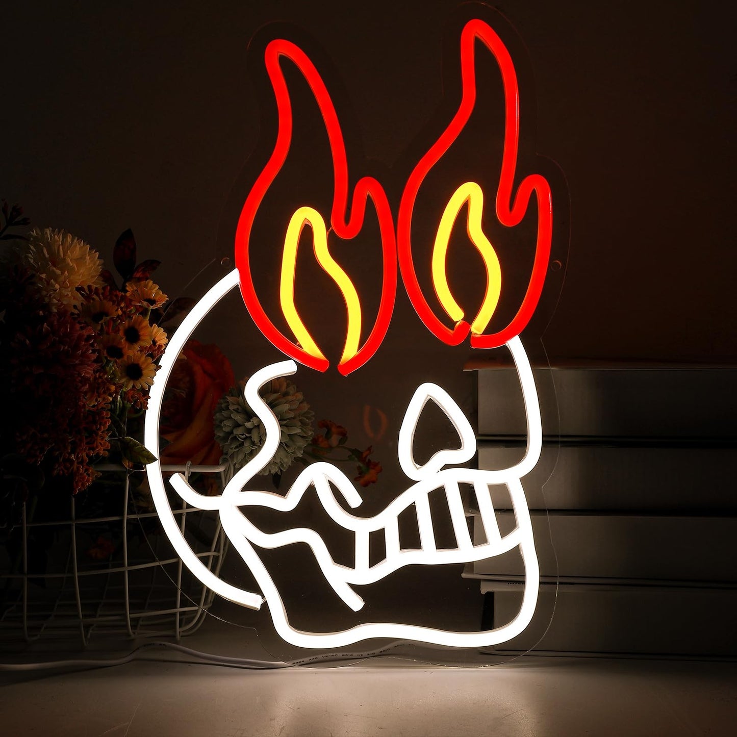 Paredes de Neon Chama de Crânio Decoradas com LEDs de Halloween Reguláveis, Alimentadas por USB, Decorações de Festa de Halloween para Caverna Masculina, Bar, Clube, Sala de Jogos