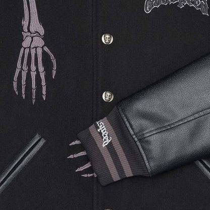 Real Photo GOD SPEED Baseball Jacket American Vintage Patchwork Leather Sleeves Unisex Embroidery Skeleton Jacket Coats