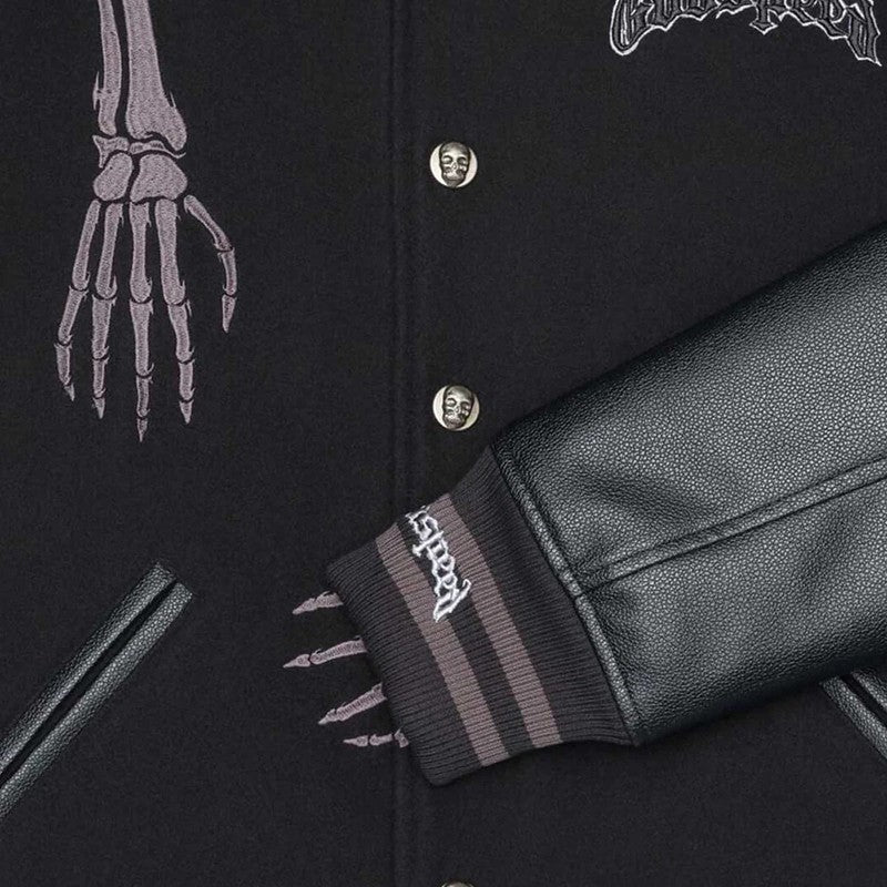 Real Photo GOD SPEED Baseball Jacket American Vintage Patchwork Leather Sleeves Unisex Embroidery Skeleton Jacket Coats