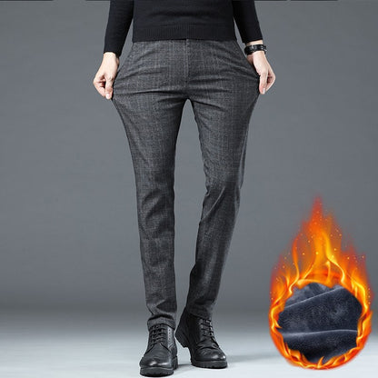 Autumn Winter New Fleece Thickened Casual Pants Men Business Straight Slim Plaid Pants Black Gray Men's Warm Trousers