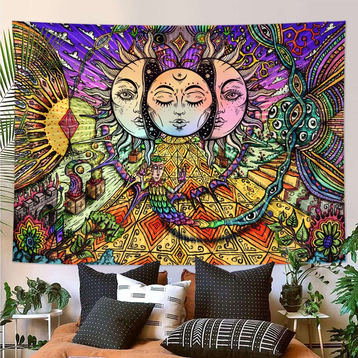 1pc Bohemian Mandala Tapestry, Retro Plant Flower psychedelic Tapestry, Hippie Style Room Decoration Wall Hanging