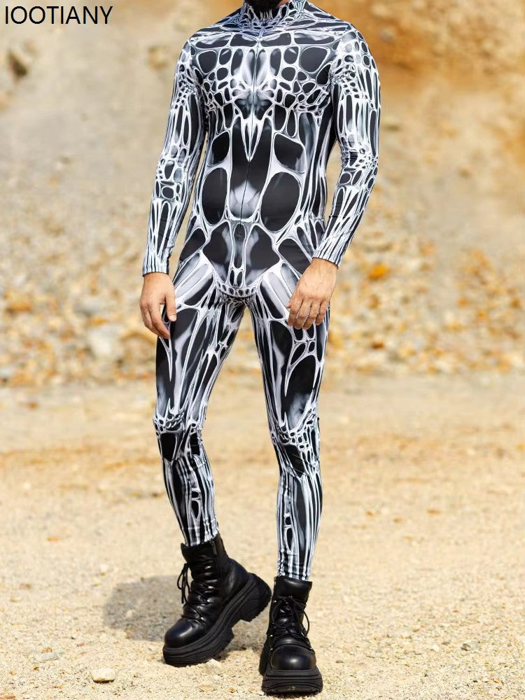 Unisex Sexy Black White Graphic Print Jumpsuit Halloween Line Art Muscle Cosplay Bodysuit Holiday Party Zentai Suit Rave Catsuit