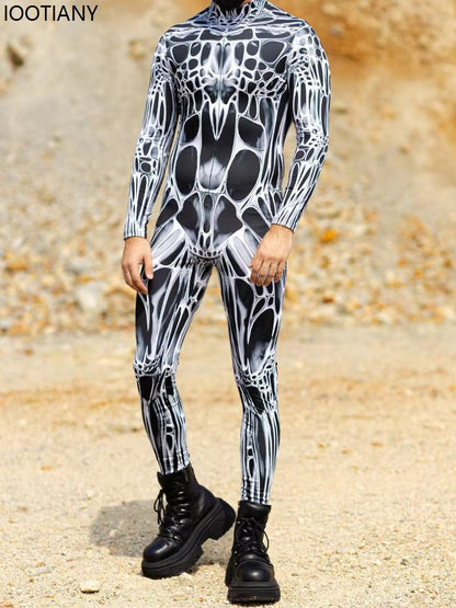 Unisex Sexy Black White Graphic Print Jumpsuit Halloween Line Art Muscle Cosplay Bodysuit Holiday Party Zentai Suit Rave Catsuit