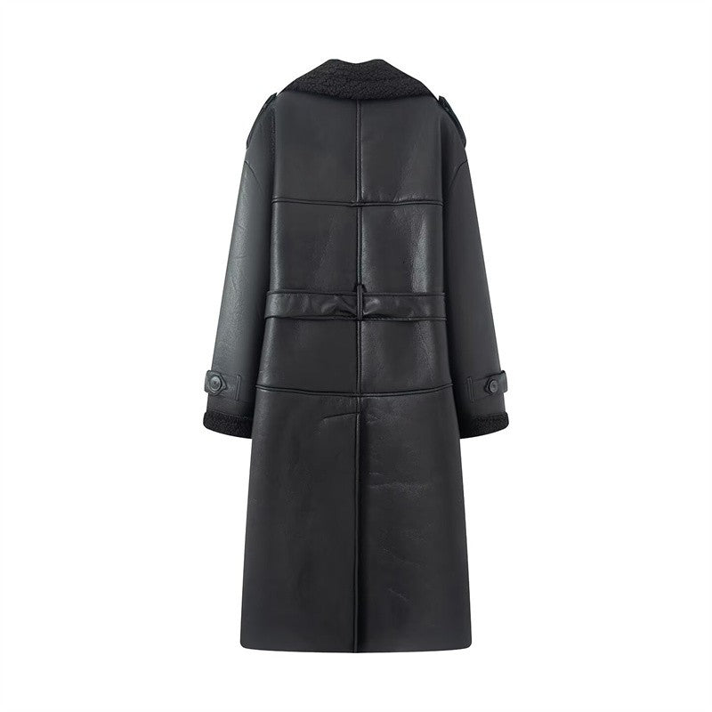 Women's Coat 2025 Autumn New Style Black Long-Sleeve Leather and Fur Integrated Coat with Belt High-End Outerwear Elegant