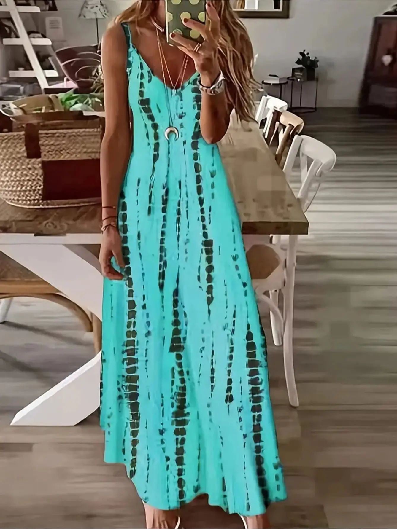 Women's Casual Loose V-neck Tie Dye Printed Spaghetti Maxi Dress Summer Beach Va