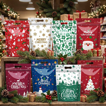 50Pcs Resealable Christmas Zip Lock Bags 50PCS Clear Christmas Plastic Sealing Bags with Handles for Xmas Holiday Party Candy
