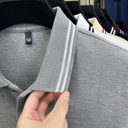 100Cotton Luxury Quality Men's Polo Shirt Striped Collar Breathable V-Print Long Sleeve Autumn Lapel T-Shirt Business Menswear