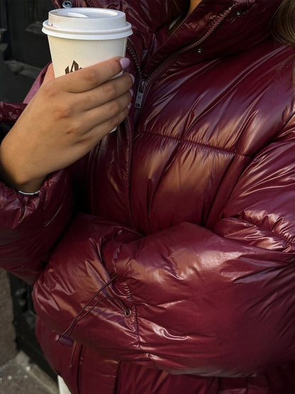 Thicken Cotton Jackets Women High Neck Long Sleeves Zipper Drawstring Coats Female 2025 Winter Fashion Chic Solid Warm Outwears