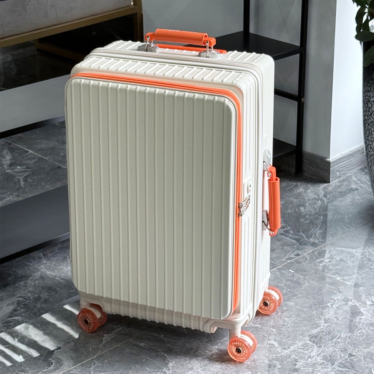1-Piece Set of Front-Opening Suitcase with Jelly Wheels, Trolley Case with 5cm Expansion Layer, Leather Handle, Luggage with Phone Holder, Foldable Cup Holder, Side Hook Function, Customs Lock, Suitable for Outdoor Beach Vacations and Long-Distance Travel