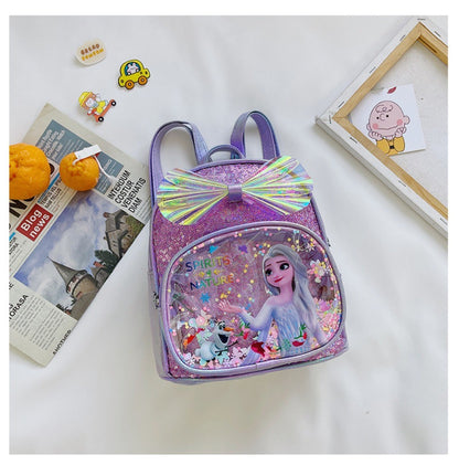 Mochila Mini de Glitter Princesa Elsa de Frozen da Disney, Linda com Laço de Lantejoulas, Bolsa Escolar de Jardim de Infância para Meninas, Desenho Animado Infantil, Mochila de Ombro Duplo