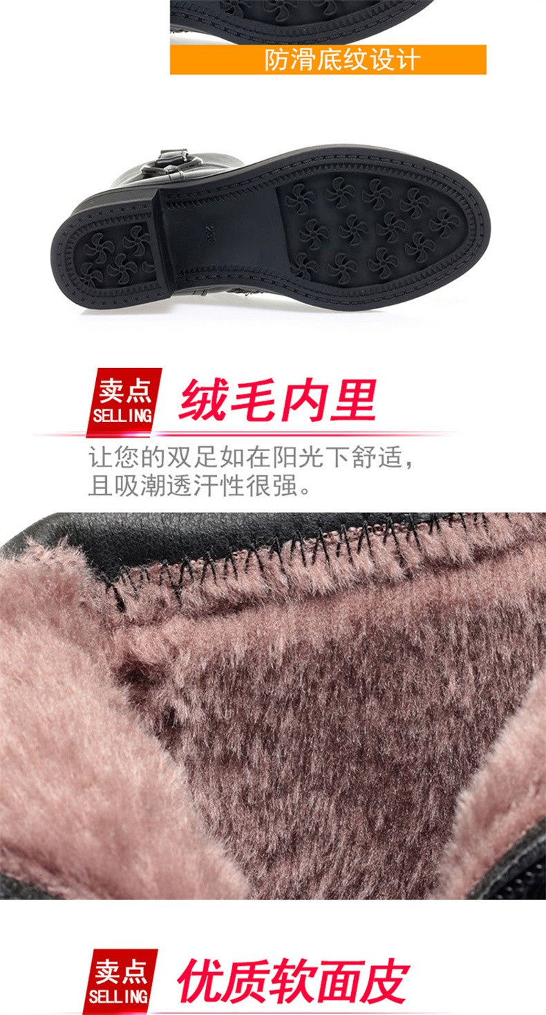 Women's Winter Waterproof Fashion Soft Leather Ankle Boots Mom Thick Plush Warm Cotton Shoes Thick Heel Platform Boots