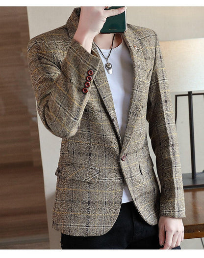 Men's casual plaid suit jacket, fashionable and versatile slim-fitting top, stylish plaid suit