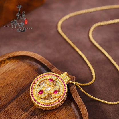 Luxury 9999 24K Solid gold certifid ancient method diamond garden butterfly compass pendant rotating compass pendant for women