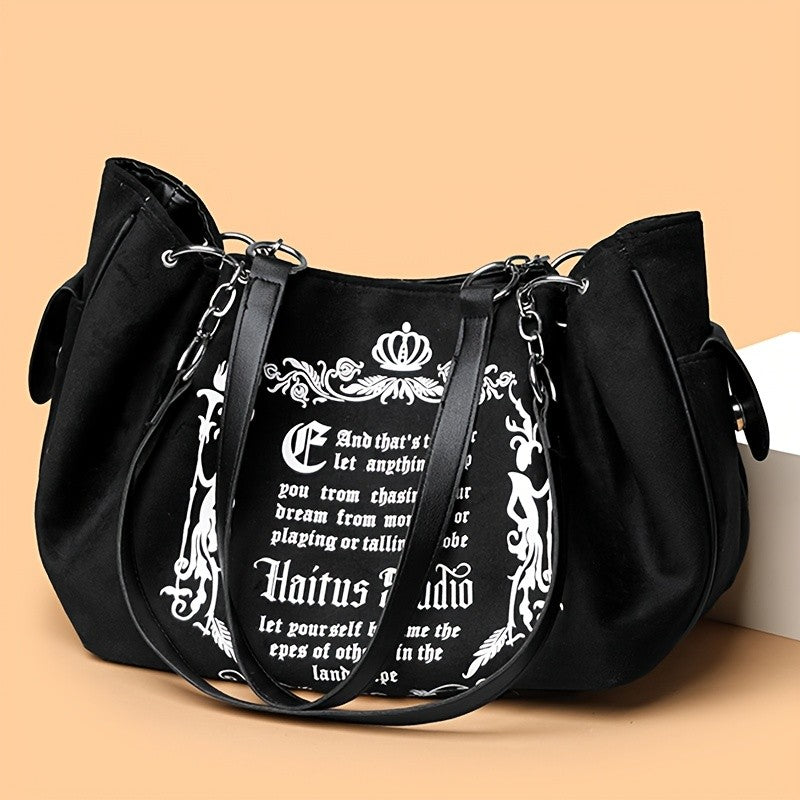 Letter Print Faux Suede Women Handbag Shoulder Bag, Retro Large Capacity Tote Bag for Daily Commuting and Hand-Carry.Pumpkin Bag